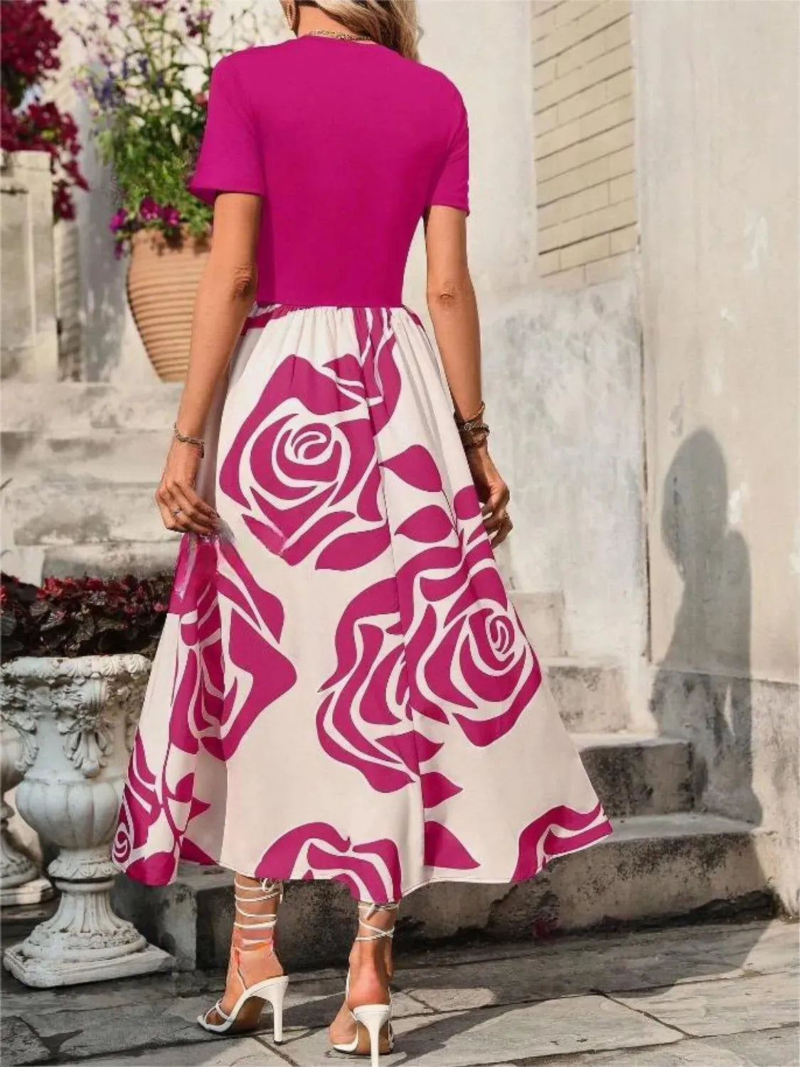 Rose Printed Round Neck Short Sleeve Dress Casual Dresses - Tophatter Daily Deals